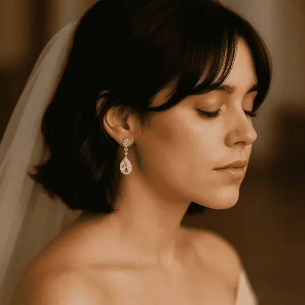 A close-up of a bride with a Jenna Ortega-inspired butterfly haircut, wearing a crystal drop bridal earring, eyes closed in a serene expression, softly lit with a blurred warm background.