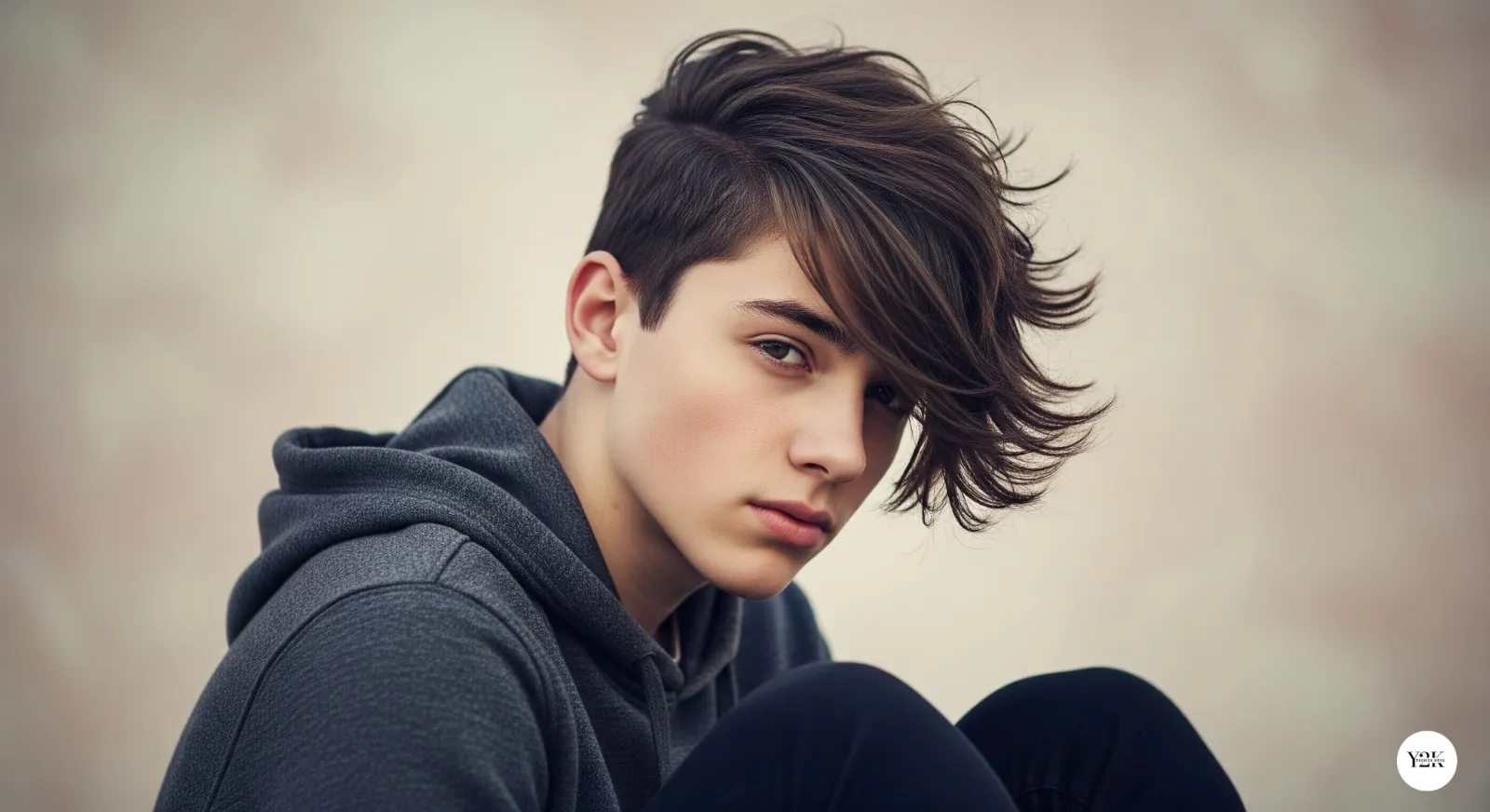 Teen boy with asymmetrical fringe haircut showing unique styling