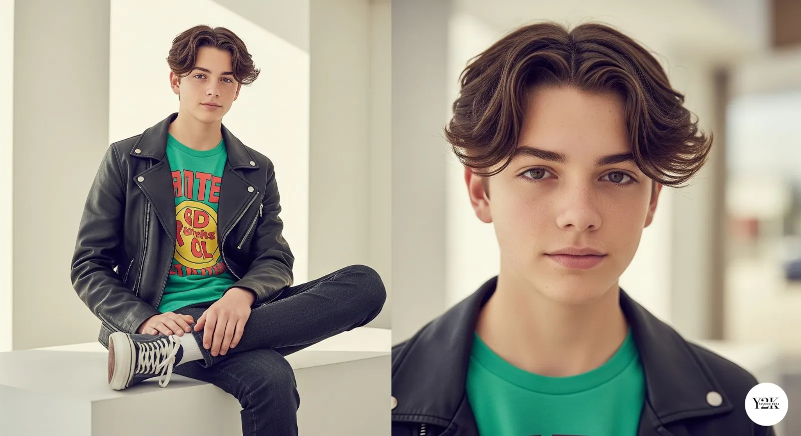 Teen boy with curtained crop haircut combining 90s and modern styles