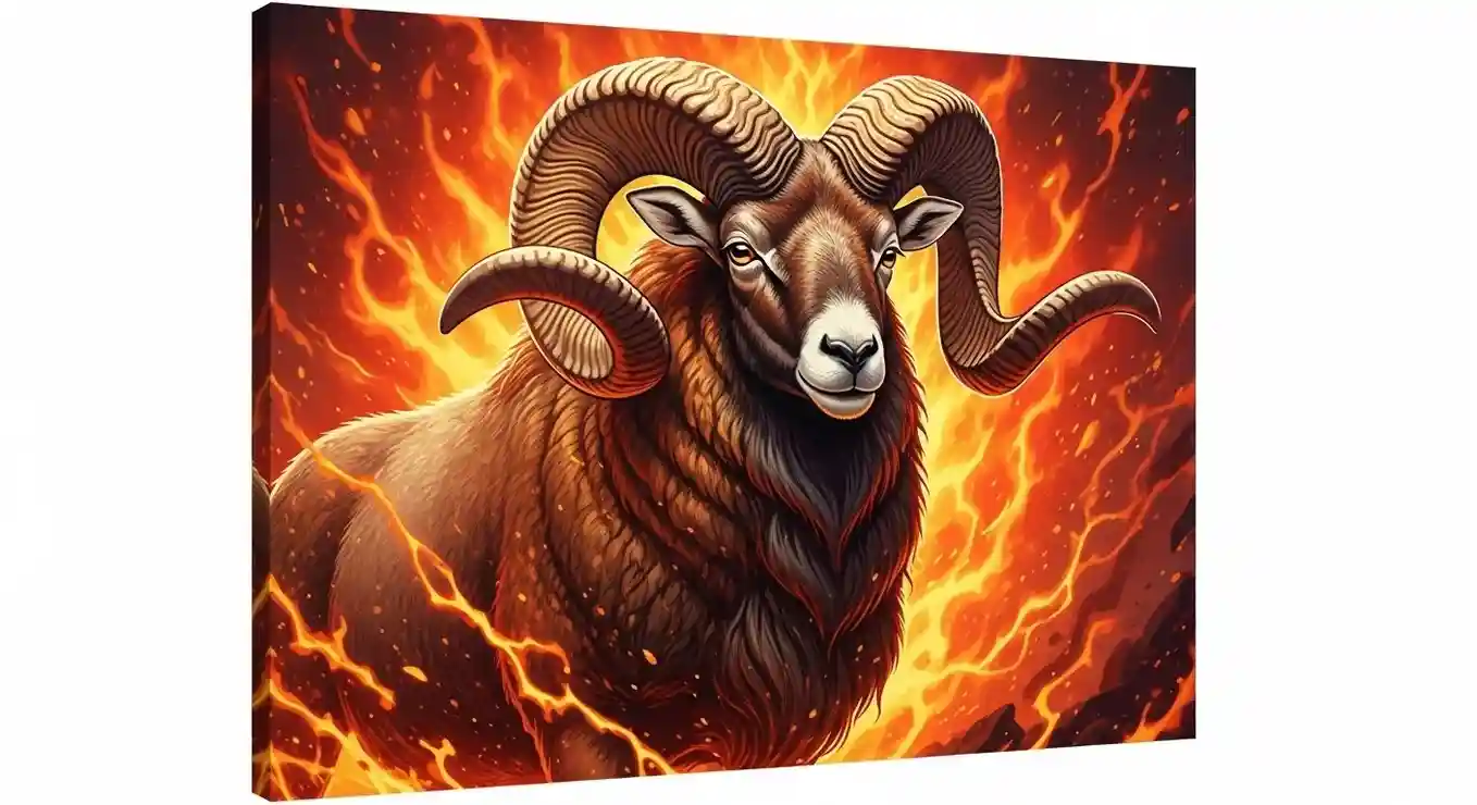 A vibrant illustration of a ram with a fiery background