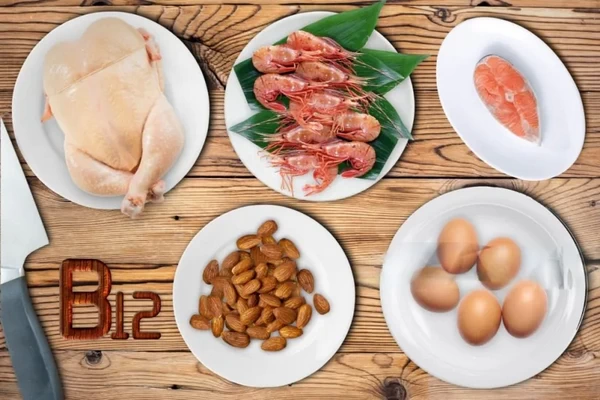 Colorful array of B12-rich plant-based foods, emphasizing fortified vegan options for boosting B12 intake.