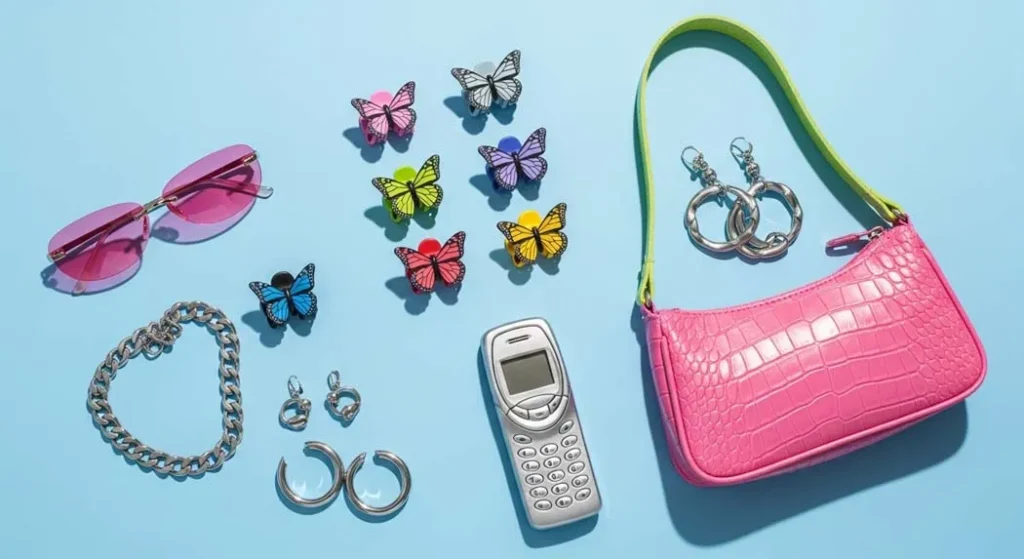 Essential Y2K accessories 2026 - Baguette bag, tinted sunglasses, and butterfly clips