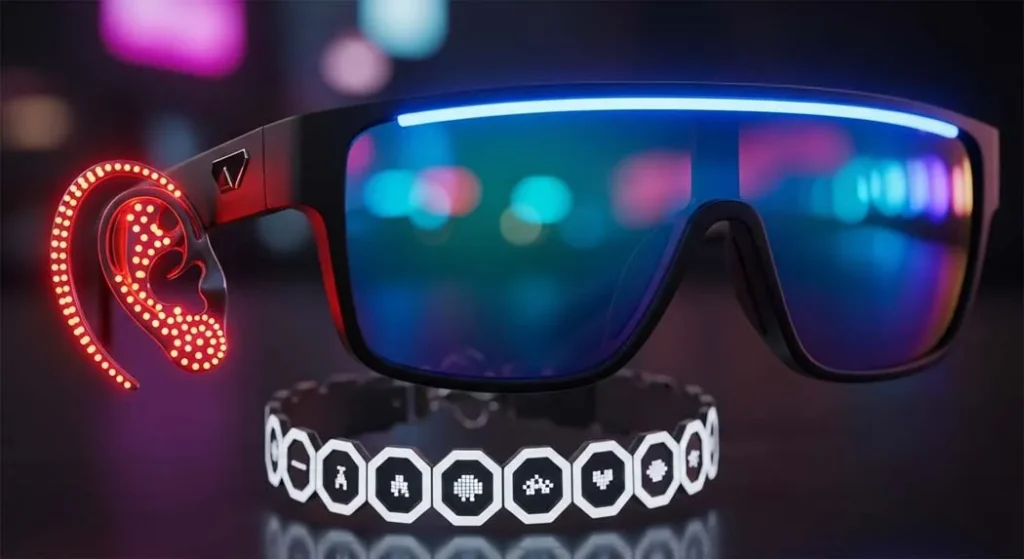 Close up of futuristic sunglasses and LED accessories