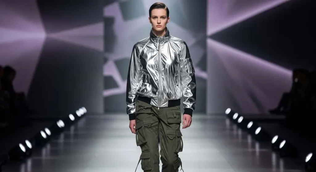 Model-wearing-liquid-silver-jacket-and-tactical-cargo-pants