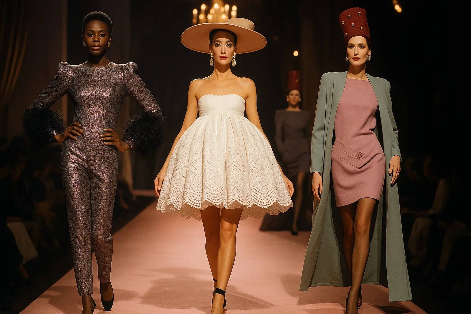 1980s runway featuring dramatic designs by top fashion designers of the era