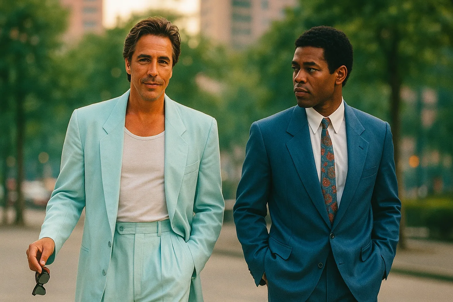 Men in pastel suits and loafers without socks representing 1980s Miami Vice fashion