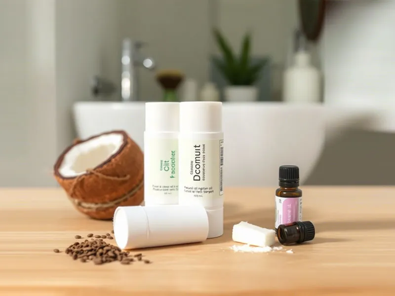 DIY natural cream deodorant in a glass jar, surrounded by plant-based ingredients like herbs and coconut, showing a homemade, eco-friendly option.