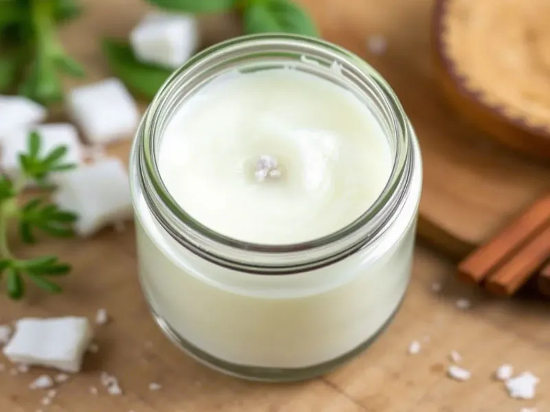 Natural deodorant ingredients including coconut oil, essential oils, and seed powders alongside deodorant sticks—highlighting clean, skin-friendly formulations