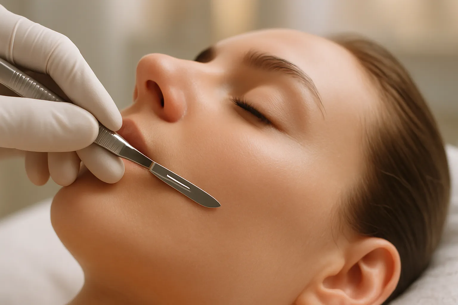 A close-up of a dermaplaning session, showing the scalpel gently gliding over the skin.