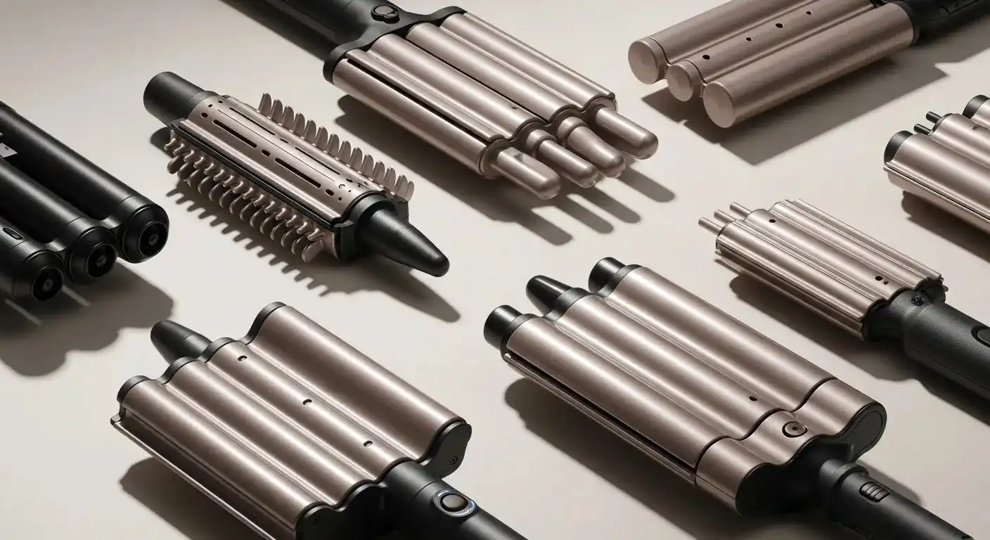 A close-up of different hair waver designs, showcasing their unique barrel shapes