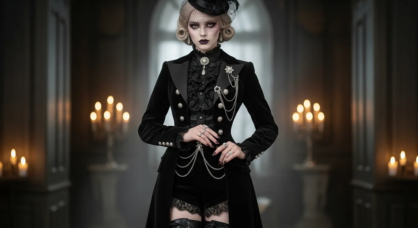 A gothic ouji outfit featuring black velvet and silver accessories