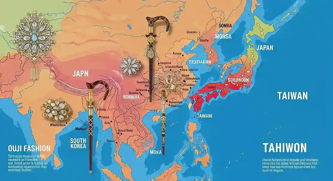 A map highlighting regions where ouji fashion is popular