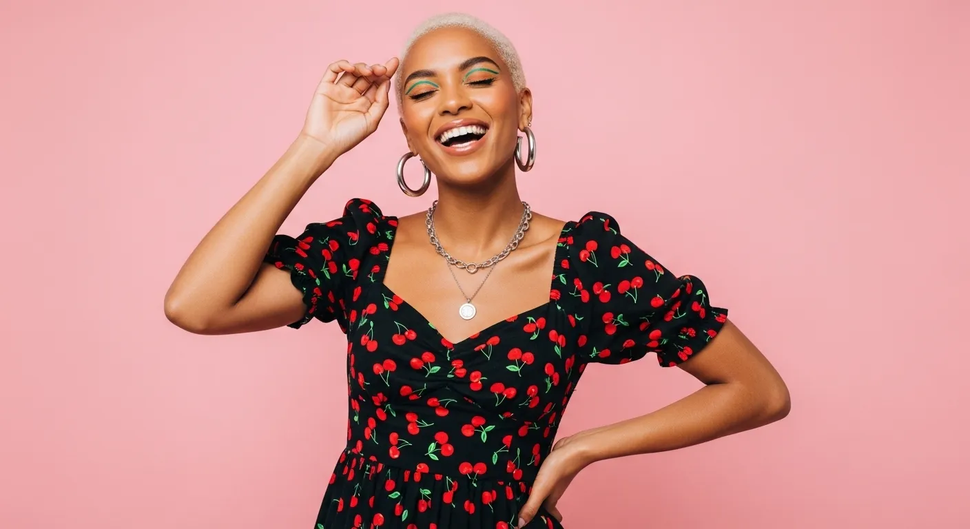 A model wearing a cherry print dress in a vibrant outdoor setting