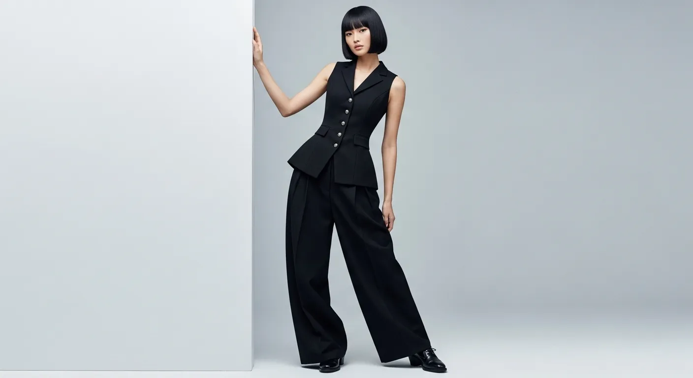 A model wearing a classic ouji outfit with a tailored vest and high-waisted pants
