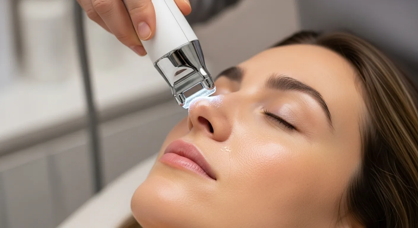 A person receiving a Diamond Glow Facial, with the diamond-tipped wand in action.