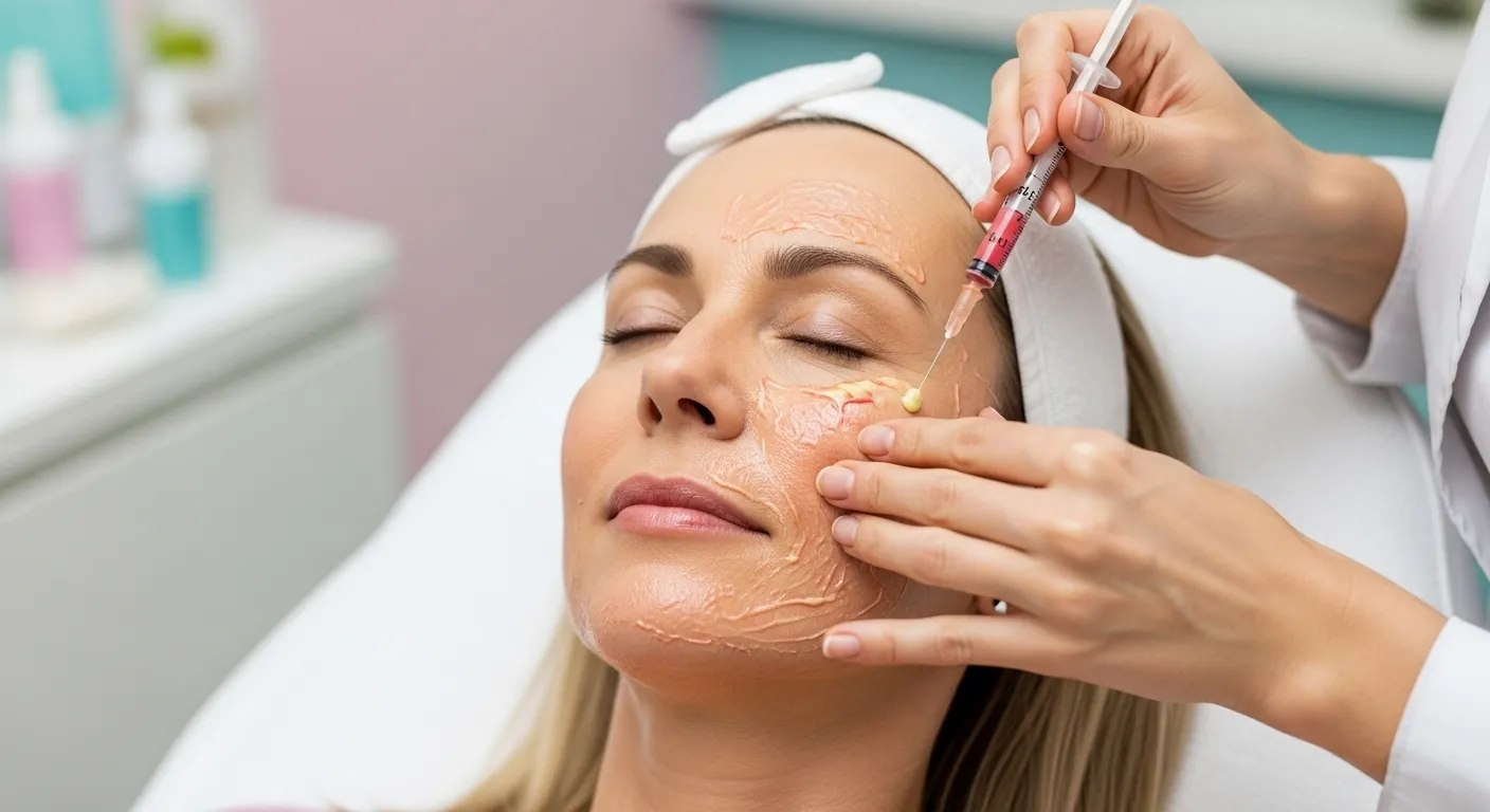 A person receiving a PRP Facial, with PRP being applied to their face.