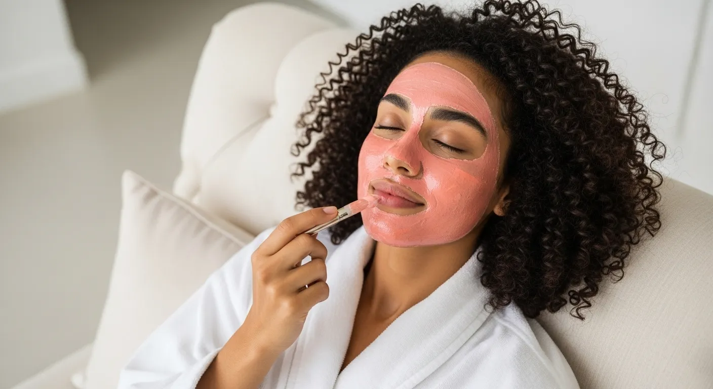 A person with a salmon sperm facial mask applied, looking relaxed.