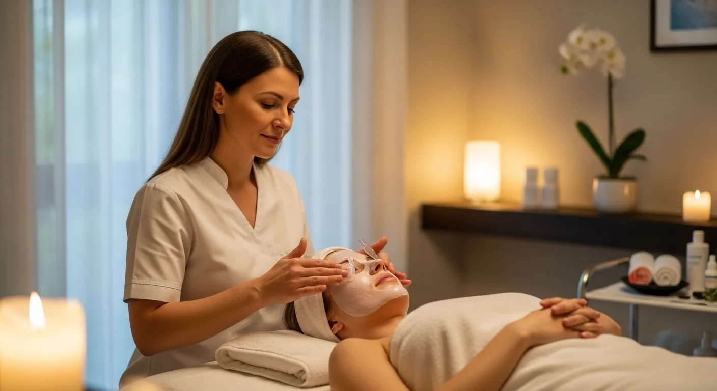 A serene spa setting with a client relaxing during a facial treatment.
