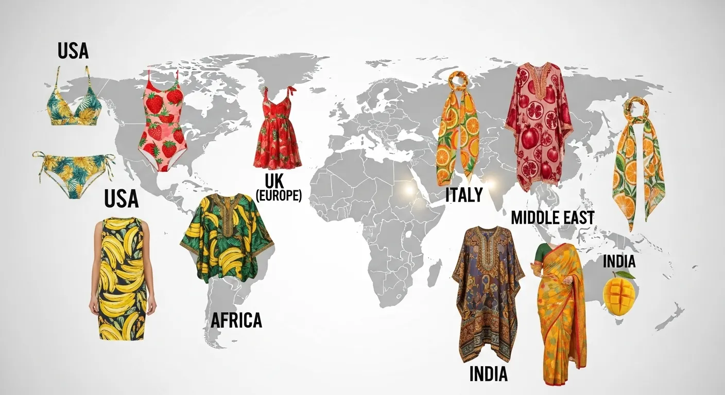 A world map highlighting the USA, UK, Europe, Africa, Middle East, and India with examples of fruit print fashion from each region