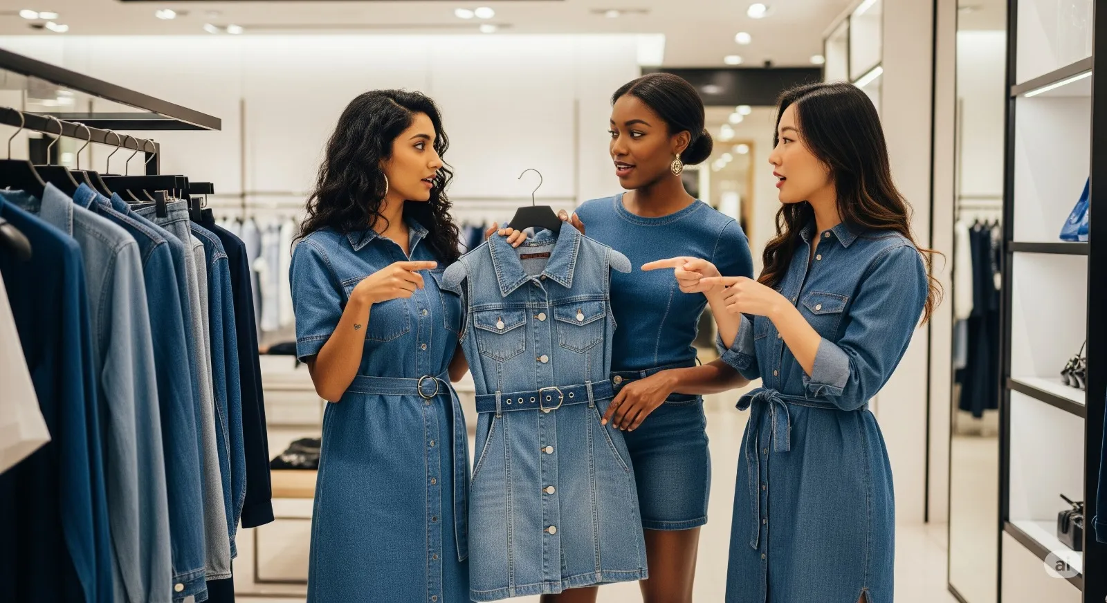Models wearing denim dresses from Gap, Anthropologie, AG Jeans, and Universal Standard.