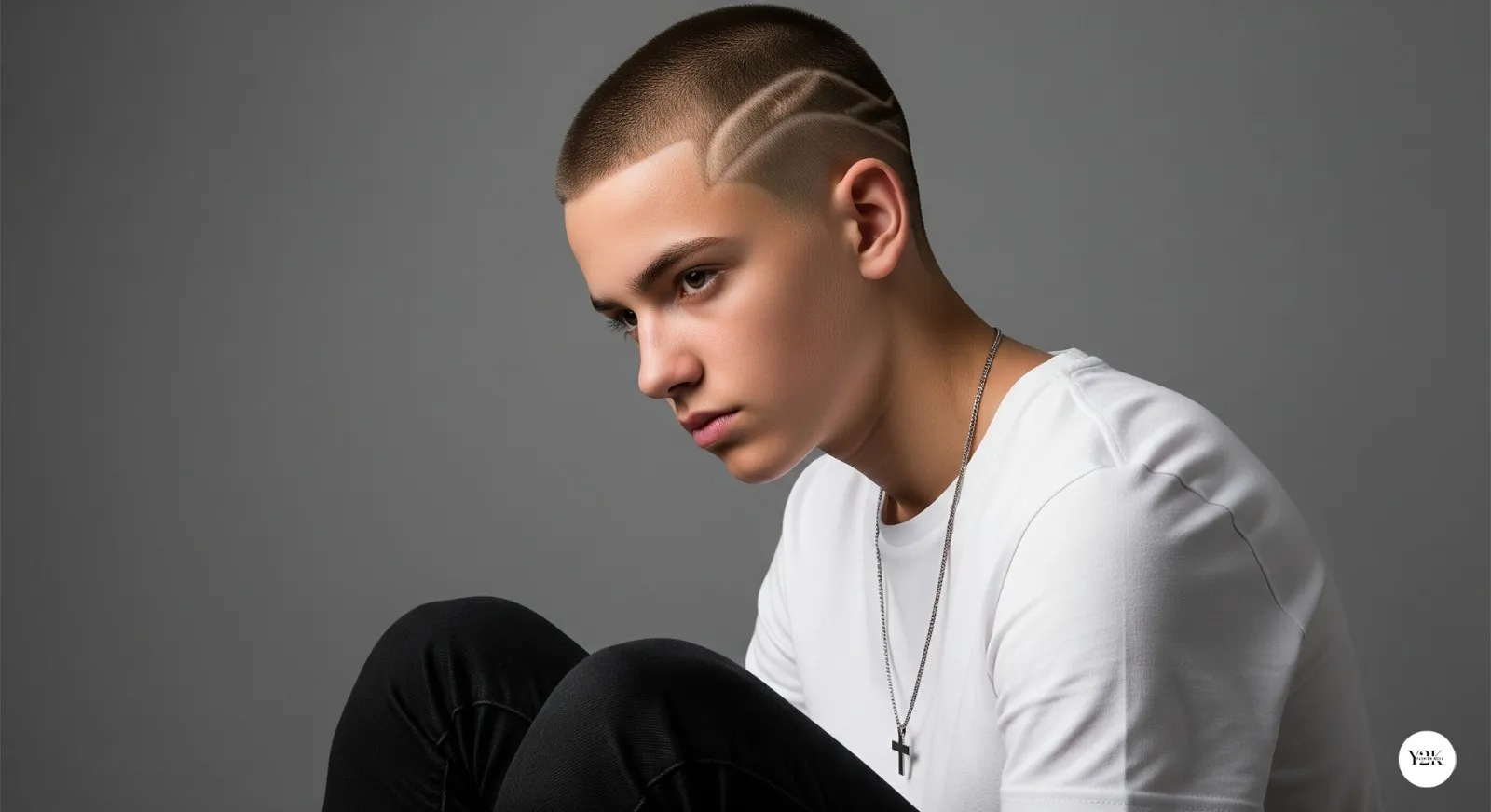 Teen boy with buzz cut haircut featuring subtle design pattern