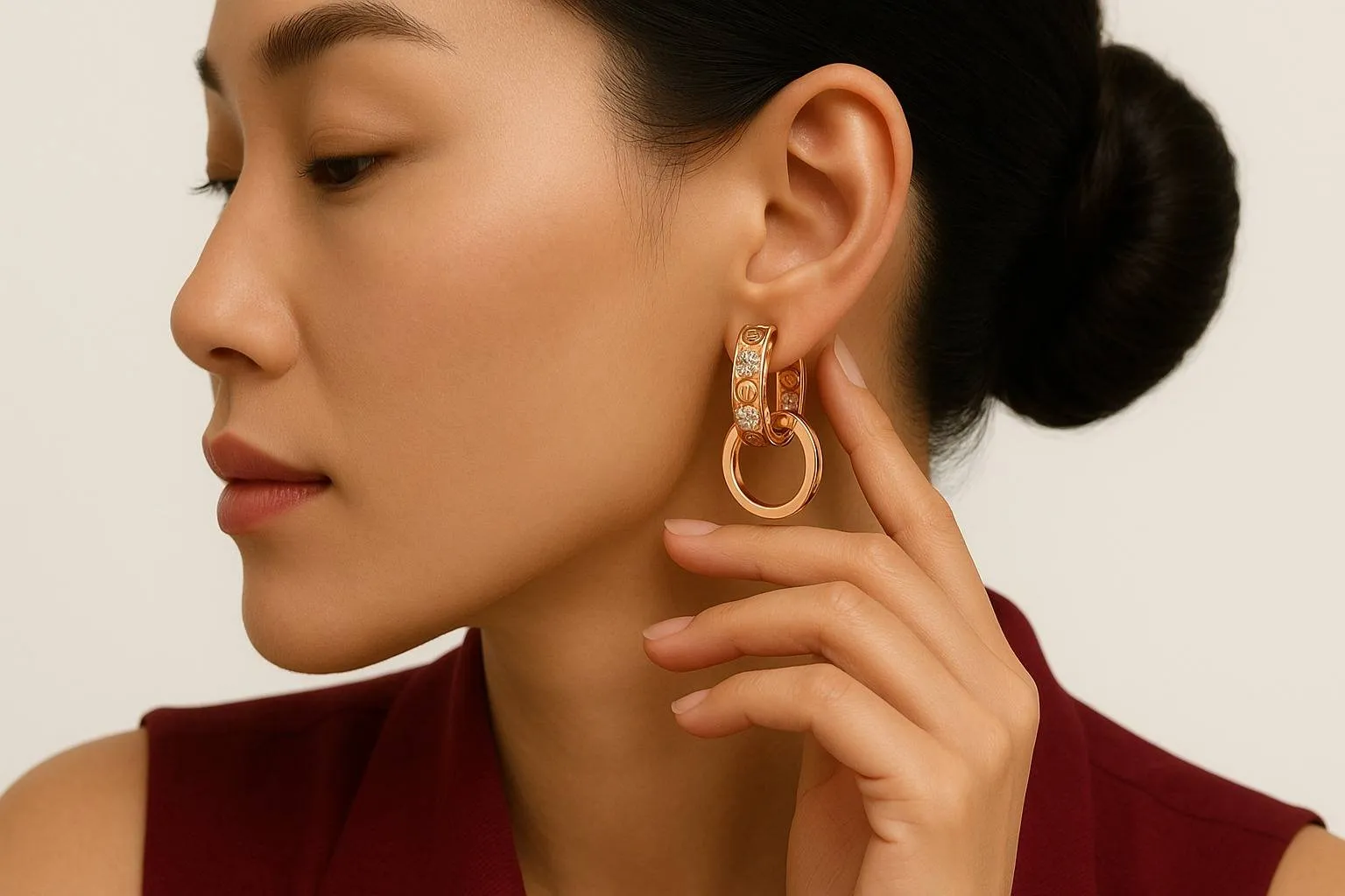 A woman wearing Cartier Love Earrings earrings with a diamond accent, styled with a sleek bun and a maroon top. She gently touches her ear, highlighting the intricate design of the earrings.