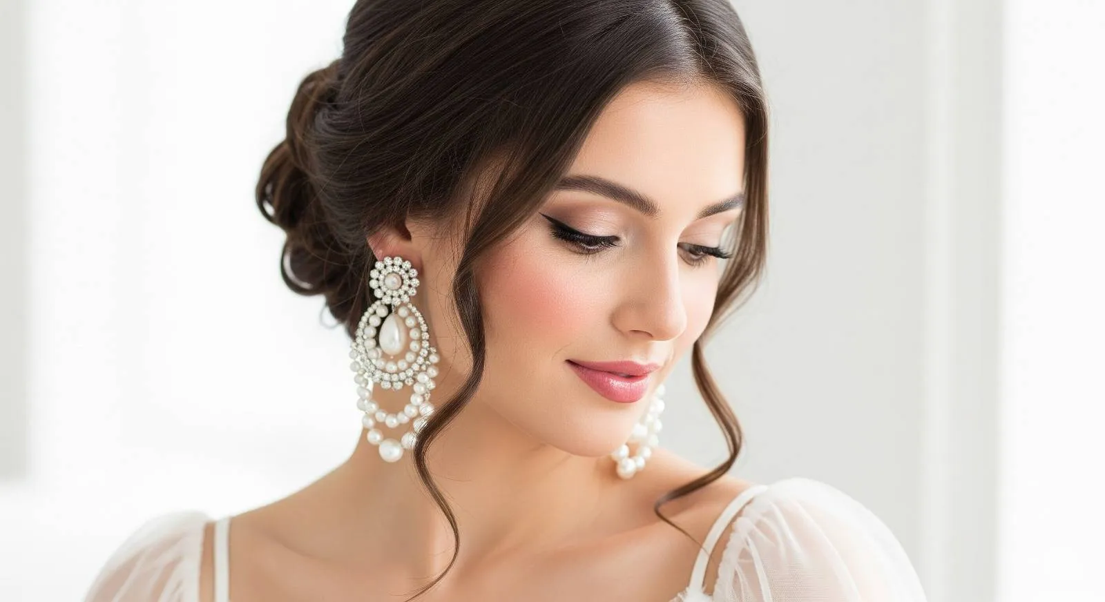 A woman in a white lace dress adorned with elaborate Chandelier earrings, showcasing a classic bridal look. Her hair is styled in soft waves, complementing her delicate makeup and serene expression.