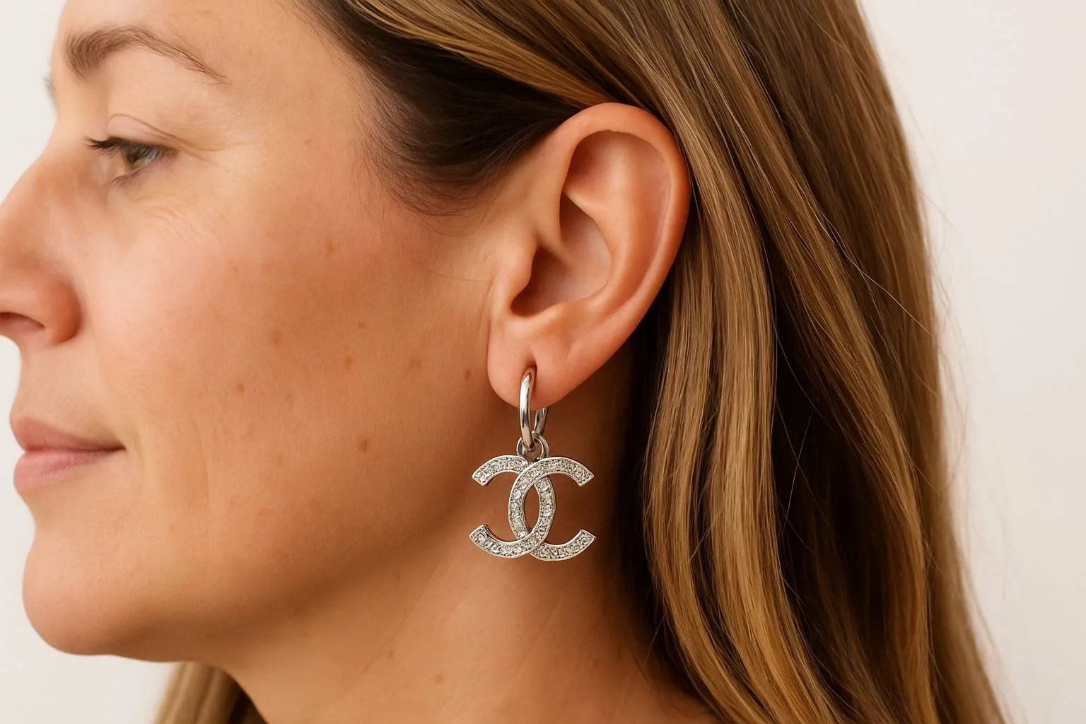 A close-up of a woman's ear featuring iconic Chanel earrings with a double-C logo encrusted with diamonds. The minimalist style highlights the timeless elegance of the brand.