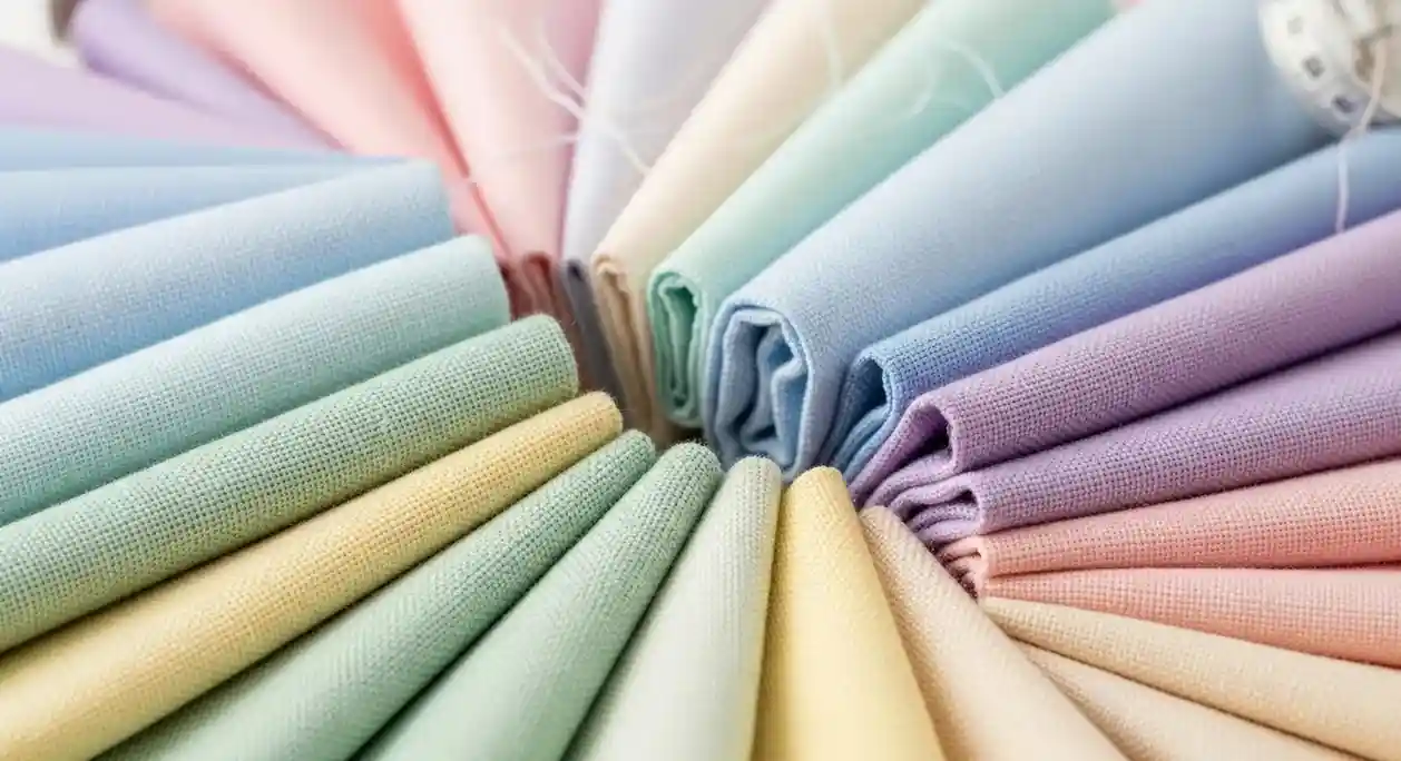 Close-up of rolled pastel-colored fabric swatches in shades of pink, blue, green, and yellow, arranged in a circular fan pattern, highlighting breathable summer materials like cotton and linen.