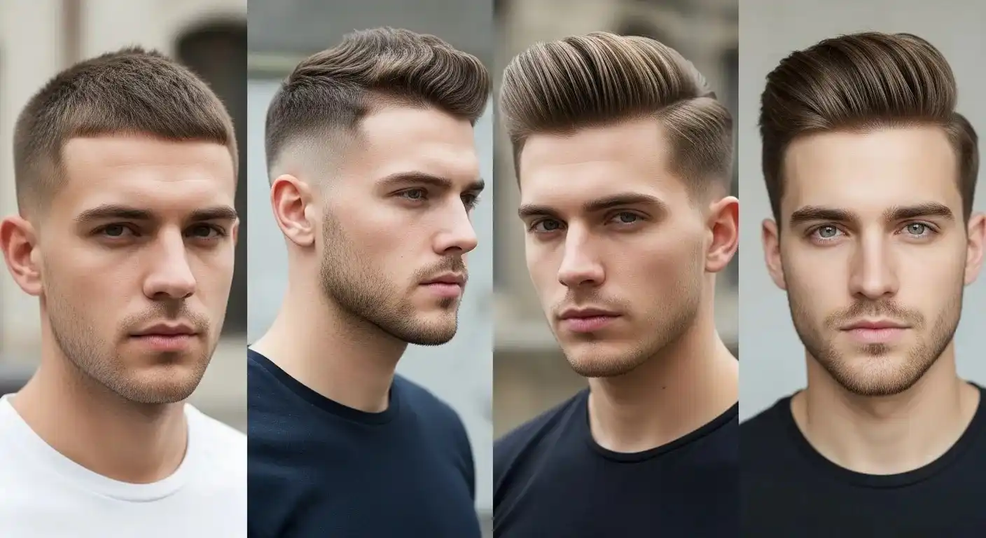 Collage of buzz cut, short fade, pompadour, and quiff