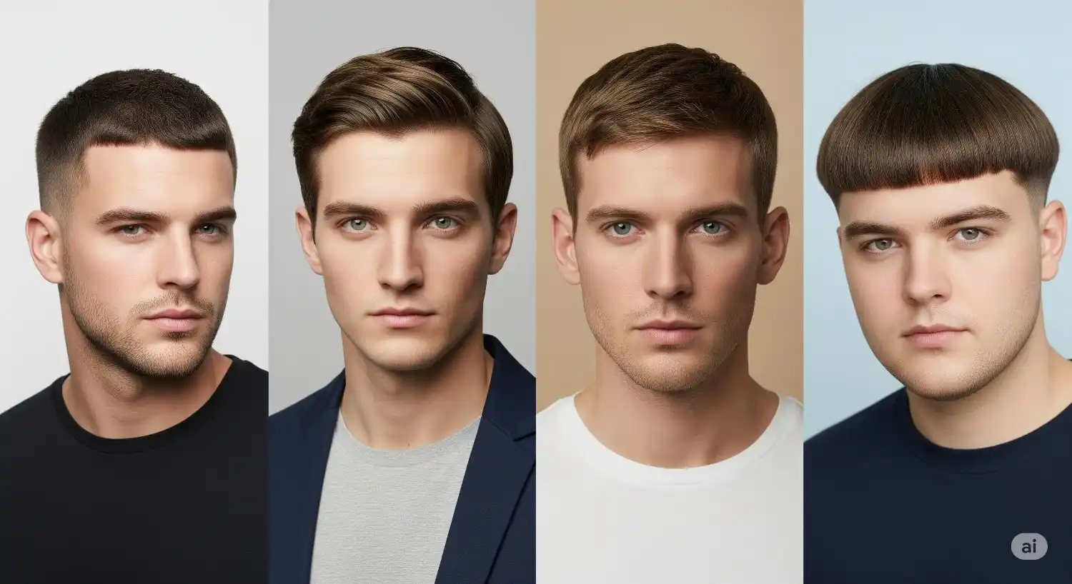 Collage of crew cut, Ivy League, Caesar cut, and bowl cut