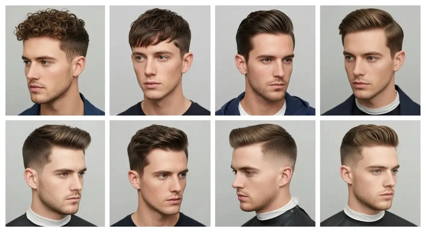 Collage of curly top taper, short shag, slicked back, side part, flow, textured undercut, high and tight, flat top, temp fade, and skin fade