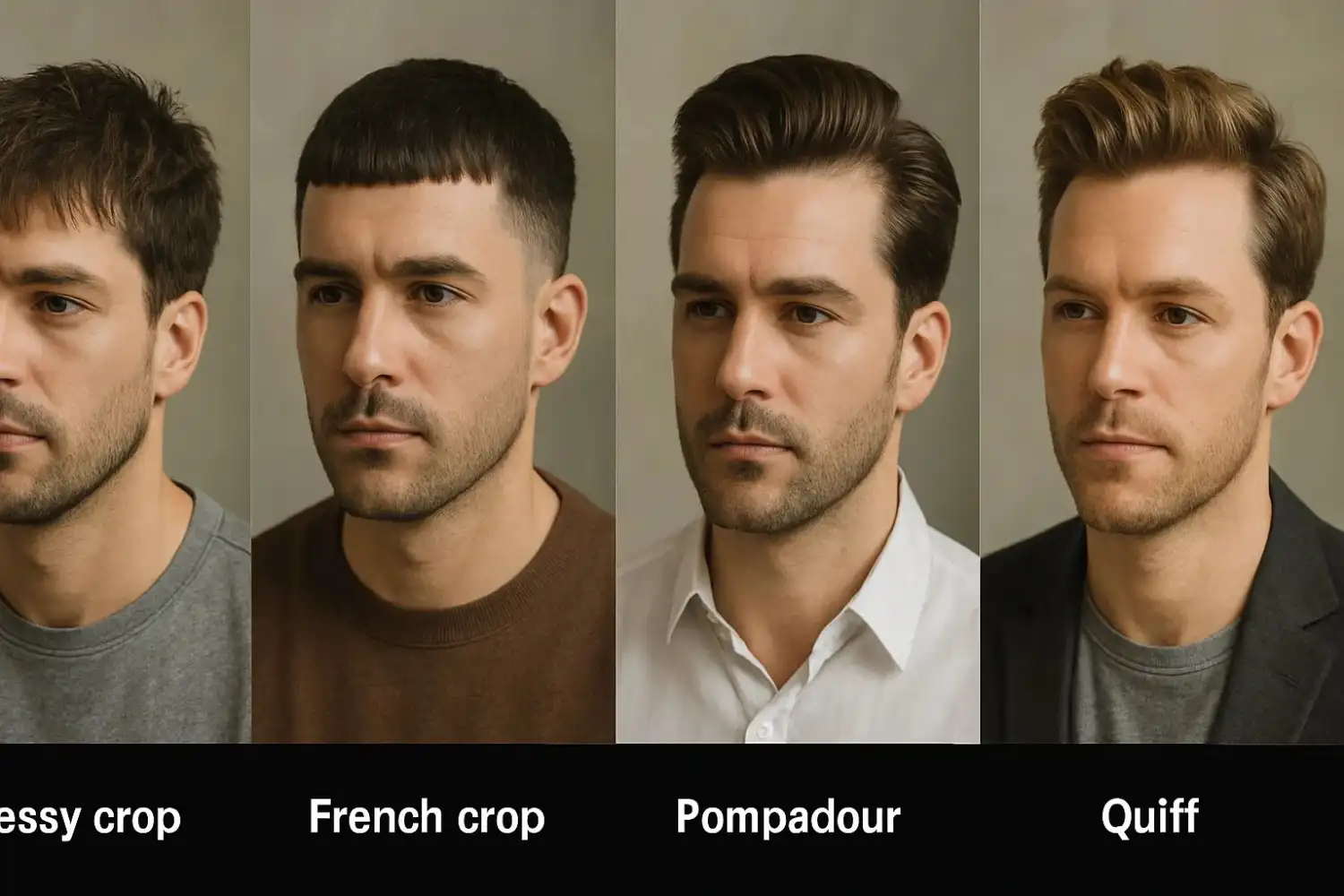 Collage of messy crop, French crop, pompadour, and quiff