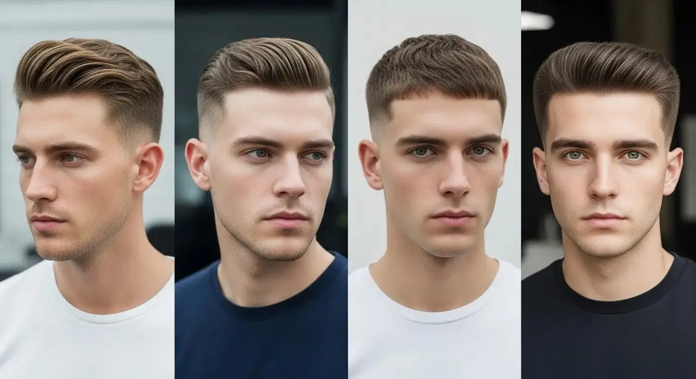 Collage of temp fade, skin fade, Caesar cut, and flat top