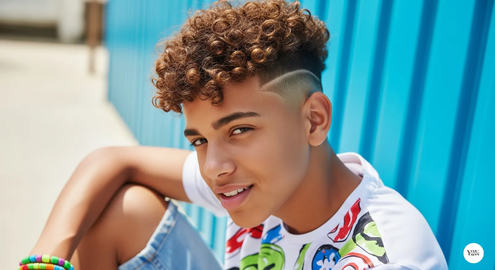 Teen boy with curly top and fade haircut showcasing natural curls