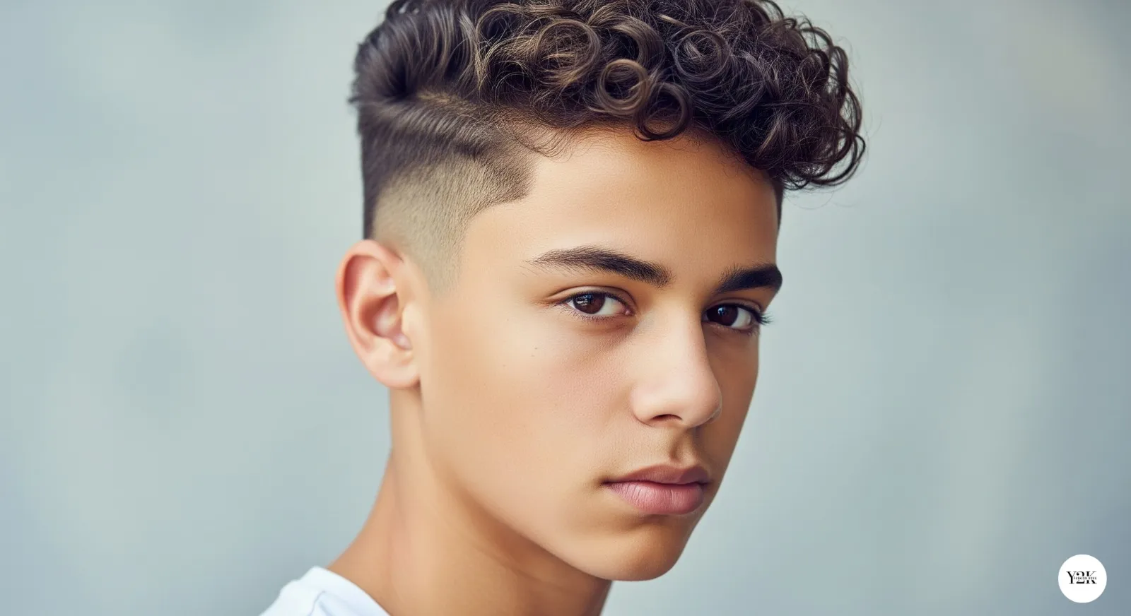 Teen boy with curly top and tapered sides haircut for balanced style