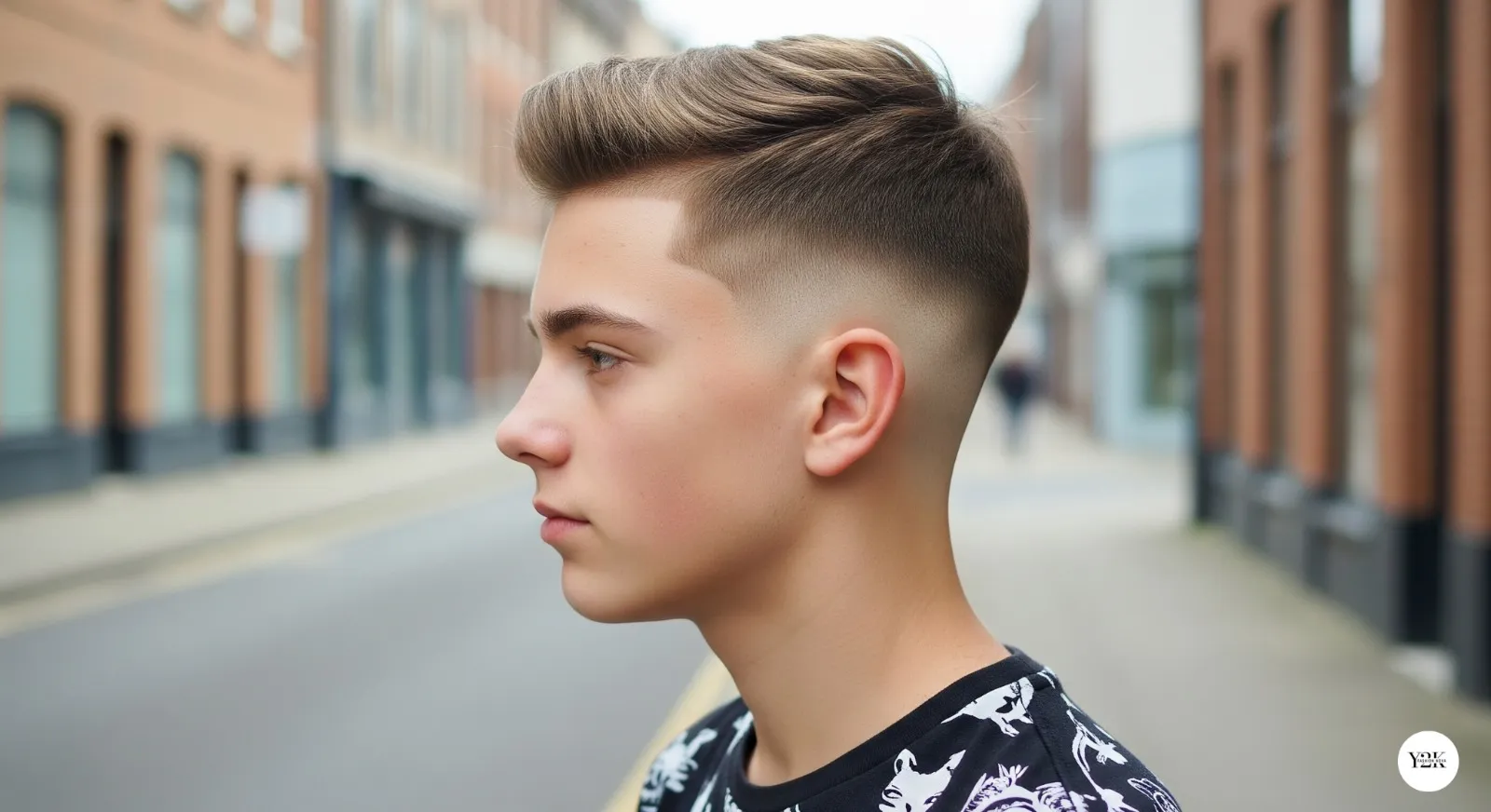 Teen boy with drop fade haircut showing curved fade silhouette