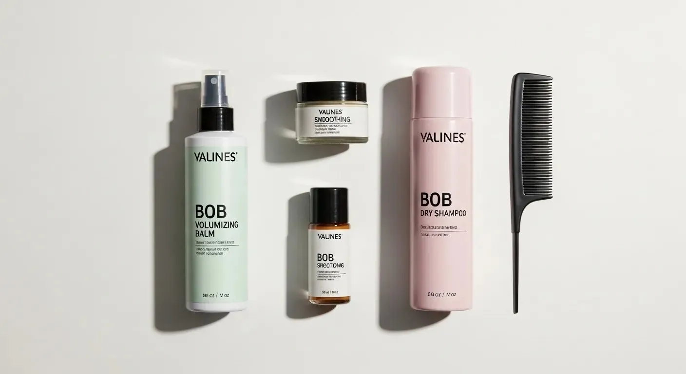 Flat lay of bob-friendly hair products: volumizing spray, smoothing balm, dry shampoo, clean background