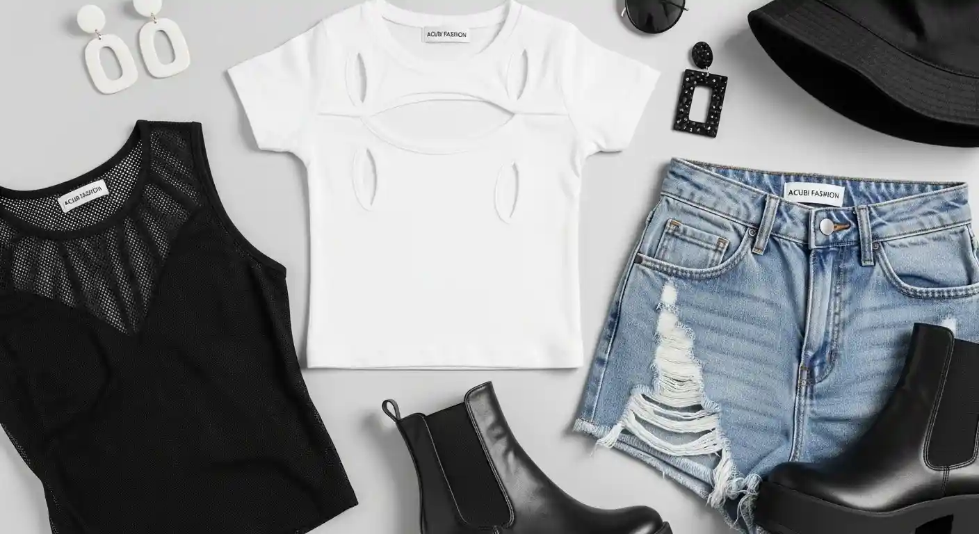 Flat-lay of Acubi Fashion essentials including a cut-out baby tee, distressed shorts, mesh top, and platform boots, highlighting the minimalist Acubi aesthetic.