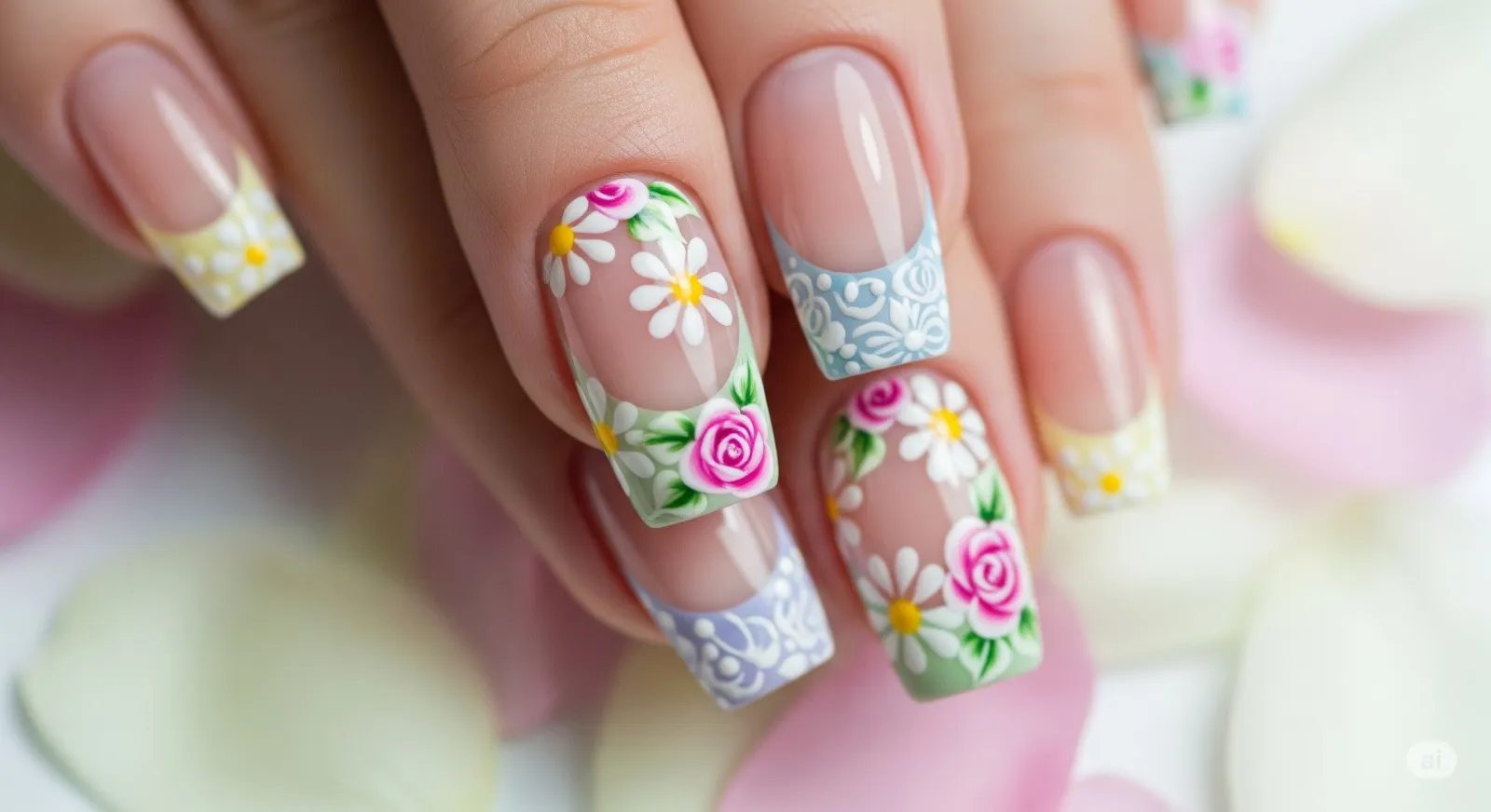 French tips decorated with tiny daisies and roses on pastel backgrounds, evoking a springtime vibe.