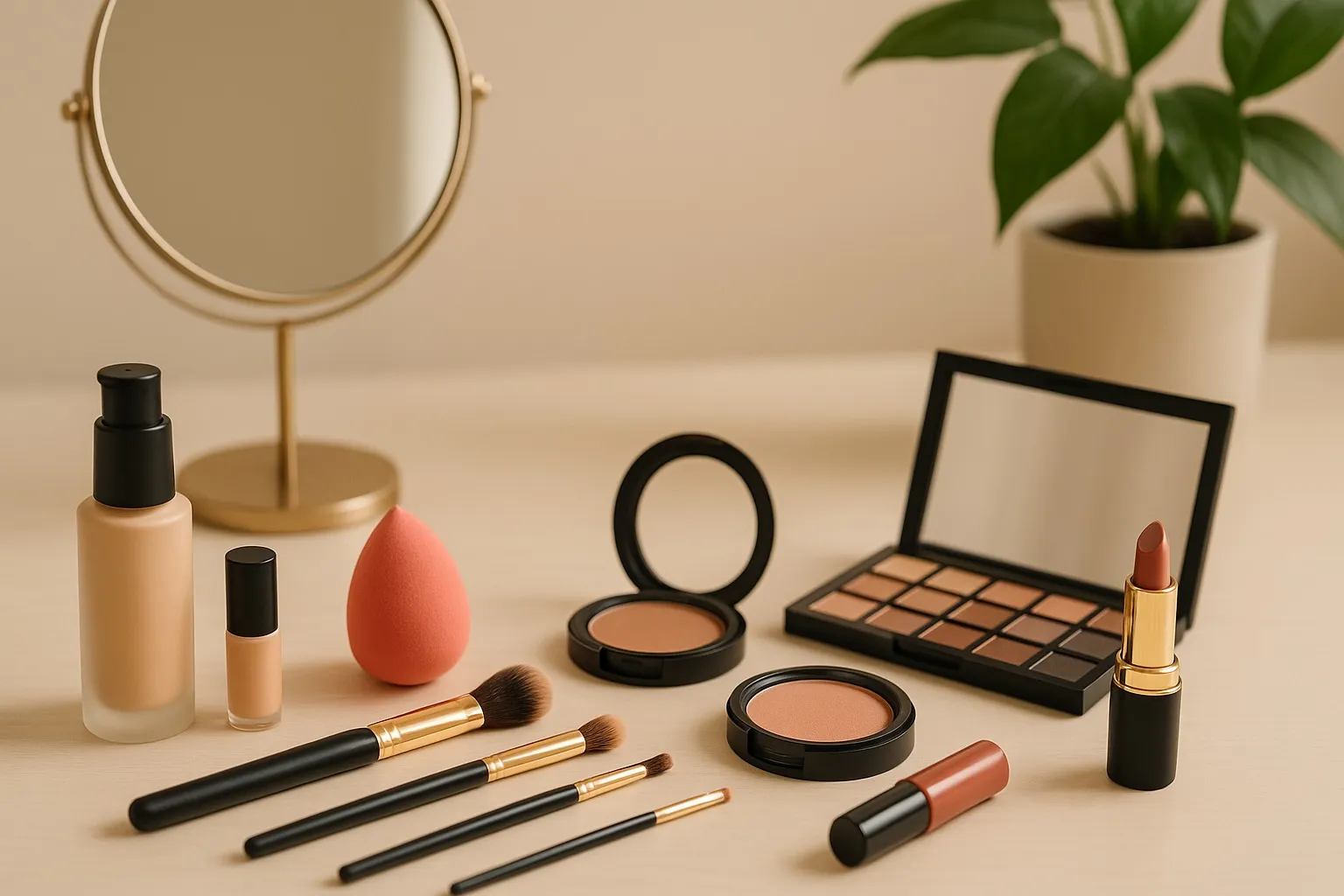 A close-up of foundation application tools, including a damp beauty blender, a synthetic brush, and a foundation bottle, with a hand holding the beauty blender on a light vanity table.