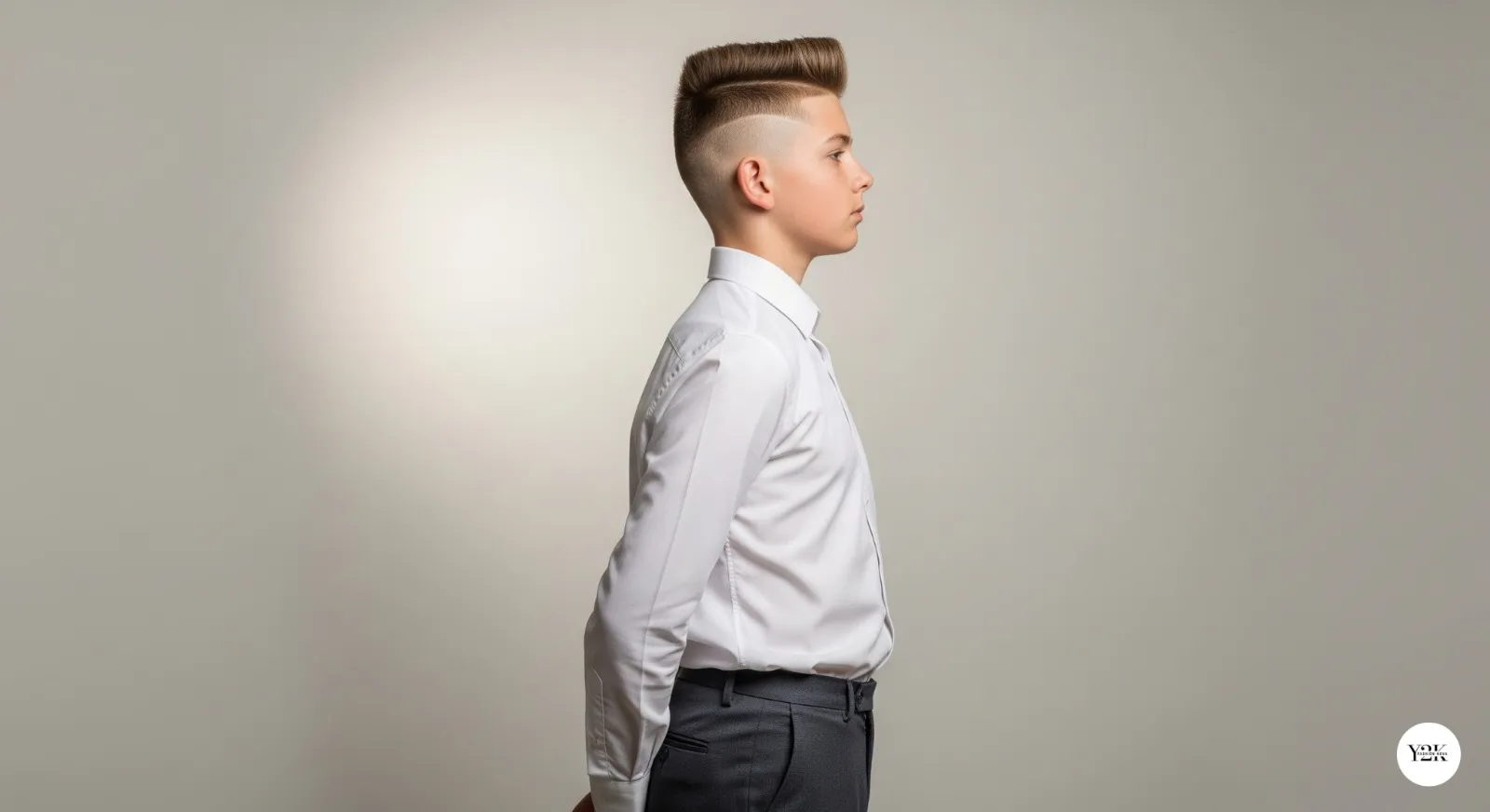 Teen boy with high and tight haircut inspired by military style
