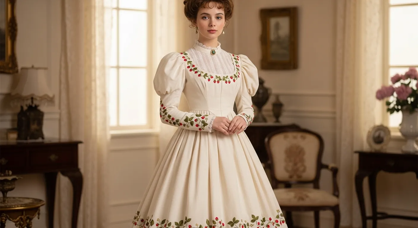 Historical garment with fruit print, such as a 19th-century dress with strawberry embroidery