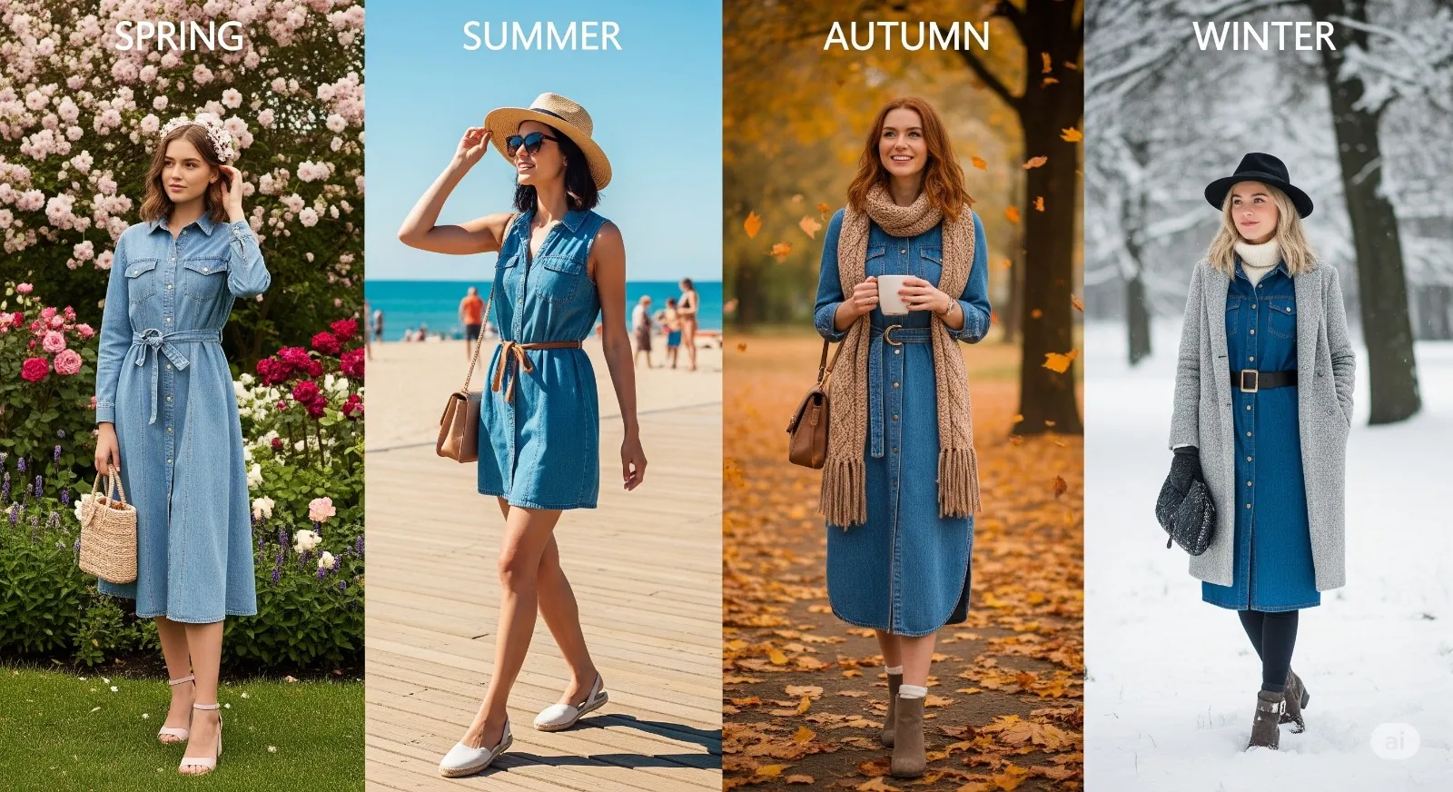 Four seasonal looks styled with denim dresses for spring, summer, fall, and winter.