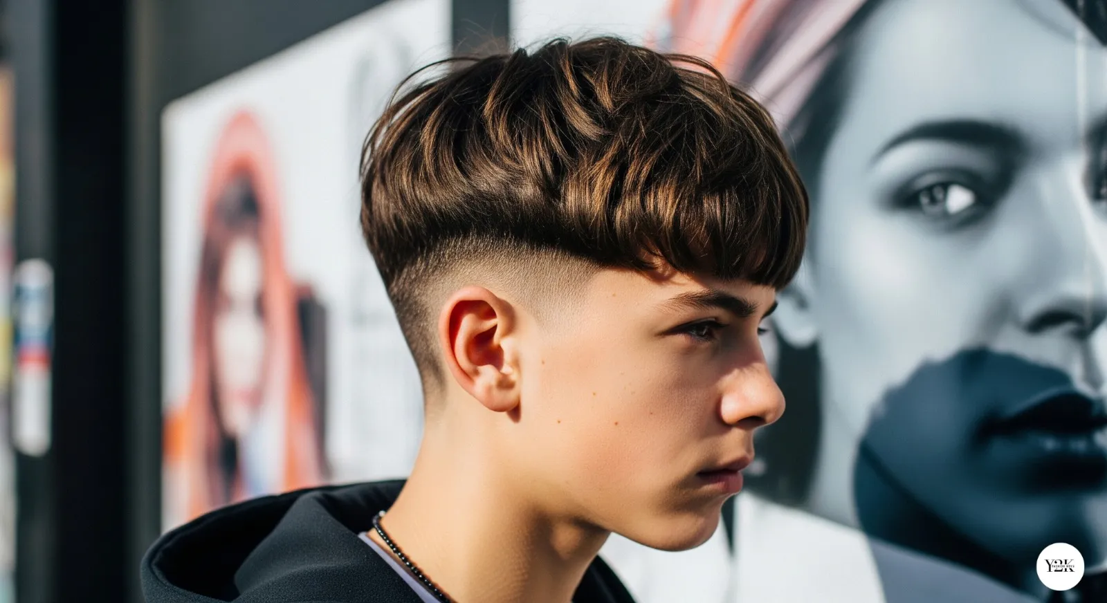 Teen boy with layered bowl cut hairstyle showing modern retro trend