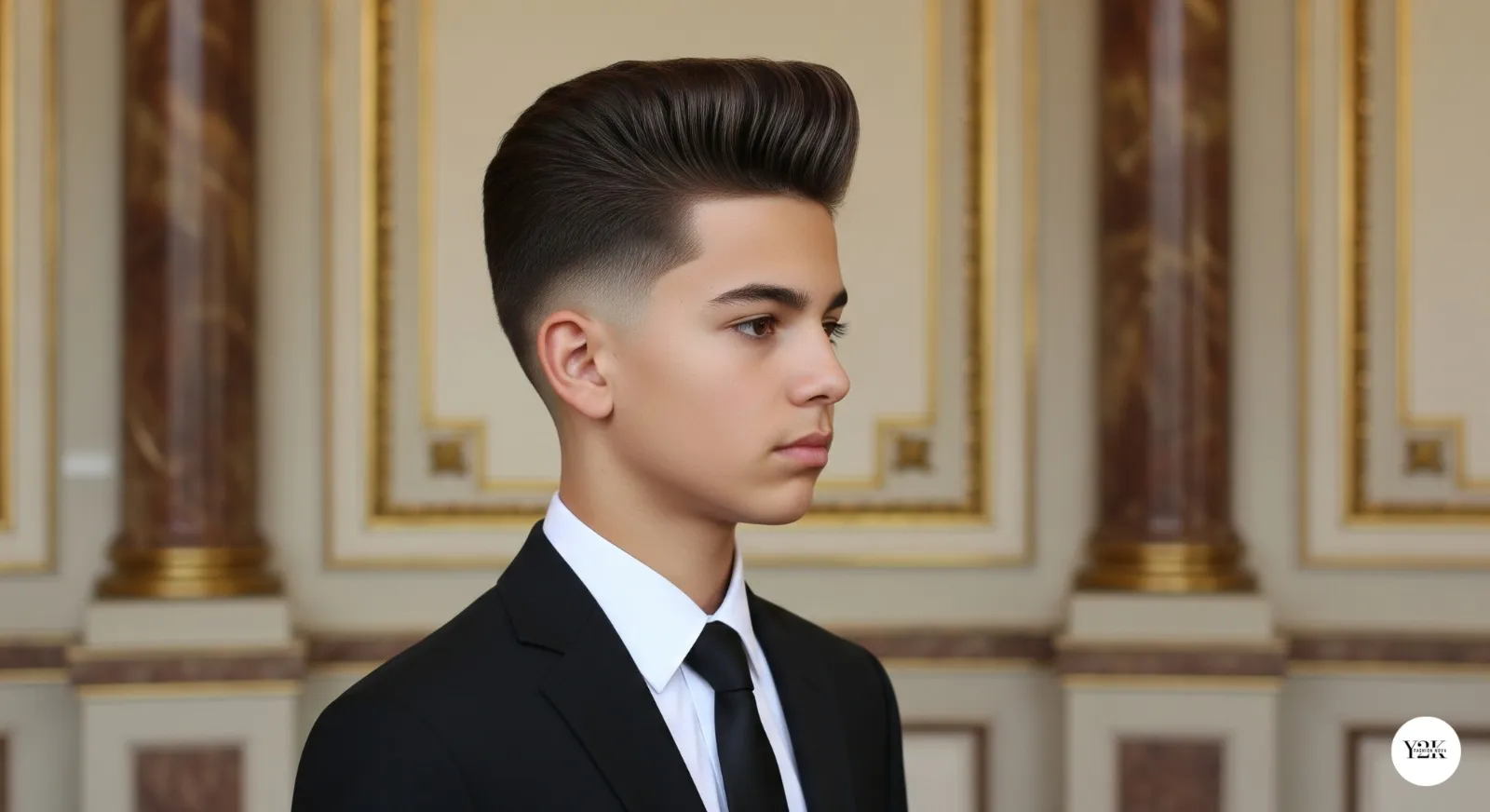 Teen boy with low fade and pompadour hairstyle for sophistication
