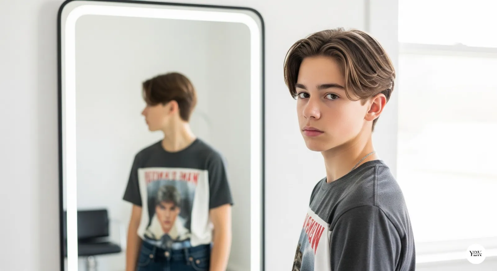 Teen boy with medium layered haircut styled with a side part