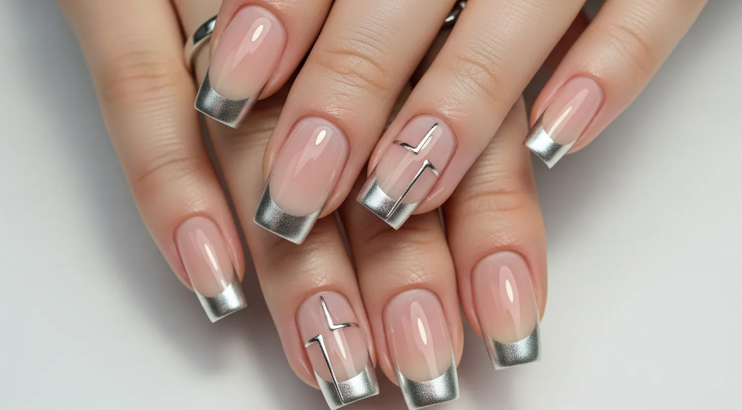 Minimal French nails with ultra-thin metallic silver tips on glossy nude base in a futuristic studio light.
