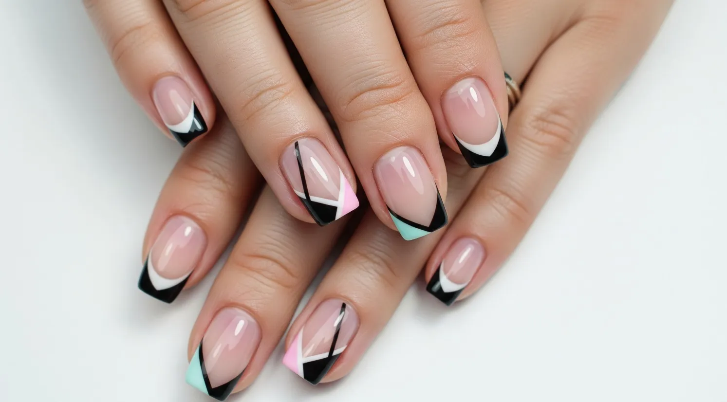 Geometric French nails with negative space and sharp pastel or black tips, modern and minimalist style.