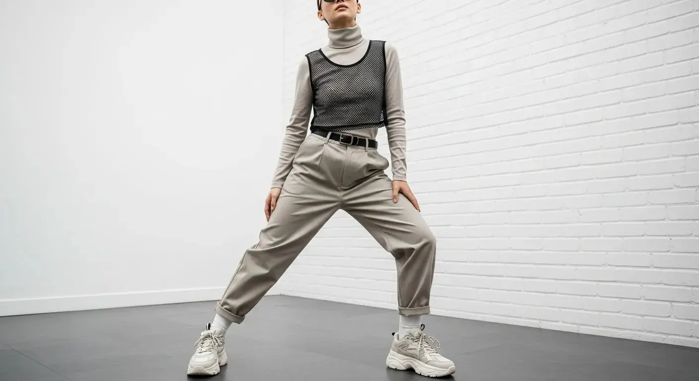 Person in a layered Acubi Fashion outfit with a turtleneck, mesh crop top, low-rise pants, and chunky sneakers against a white brick wall, reflecting Korean Acubi Fashion.